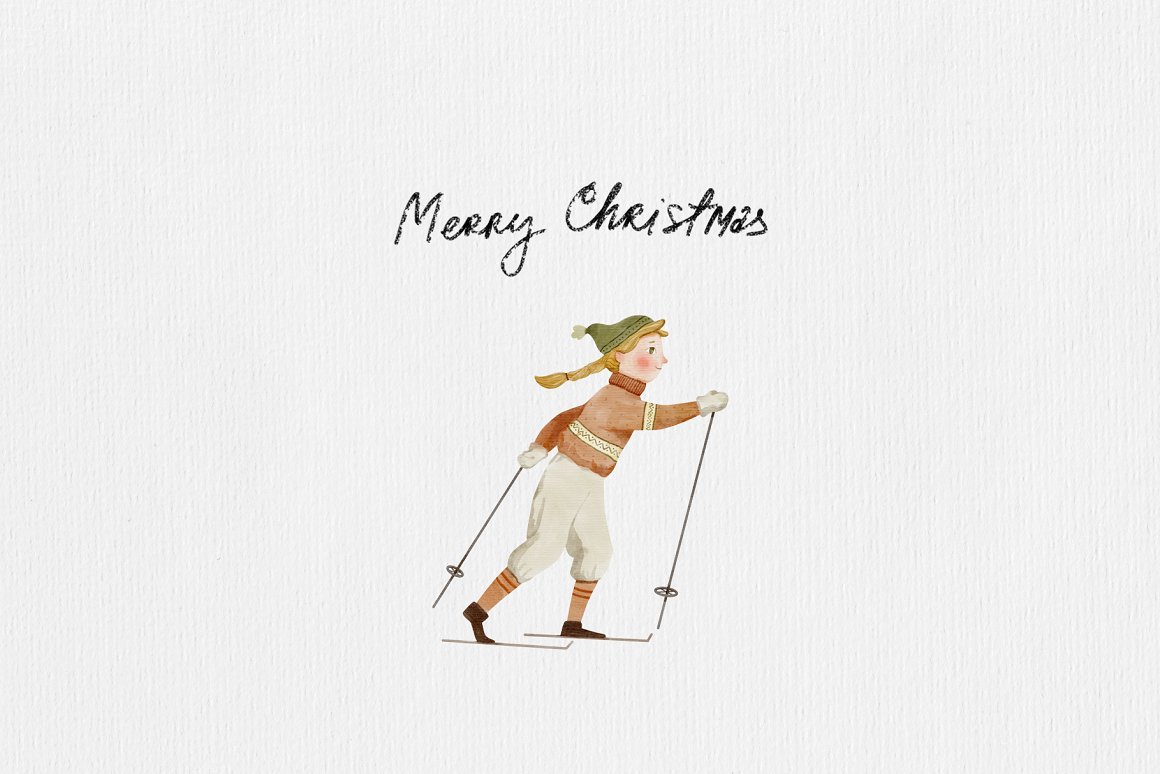 Dark gray lettering "Merry Christmas" and illustration of a skier on a gray background.