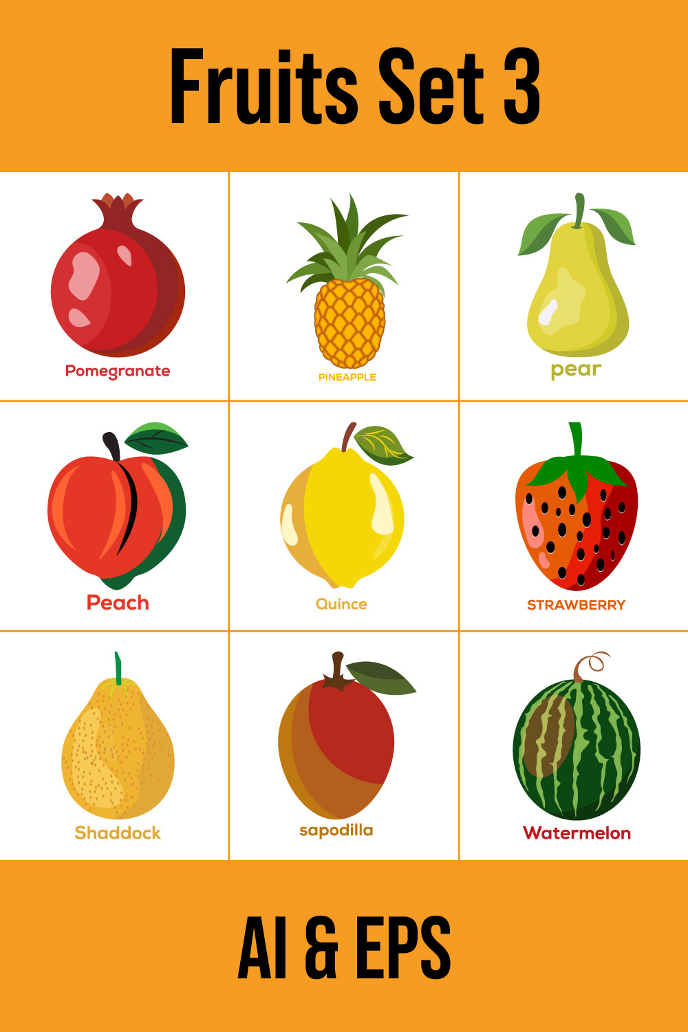 Set Of Fruits. Different Colorful Fruits pinterest image.