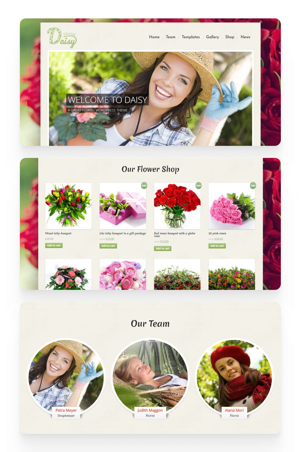 Screenshot of an online store with photos of original bouquets and photos of girls.