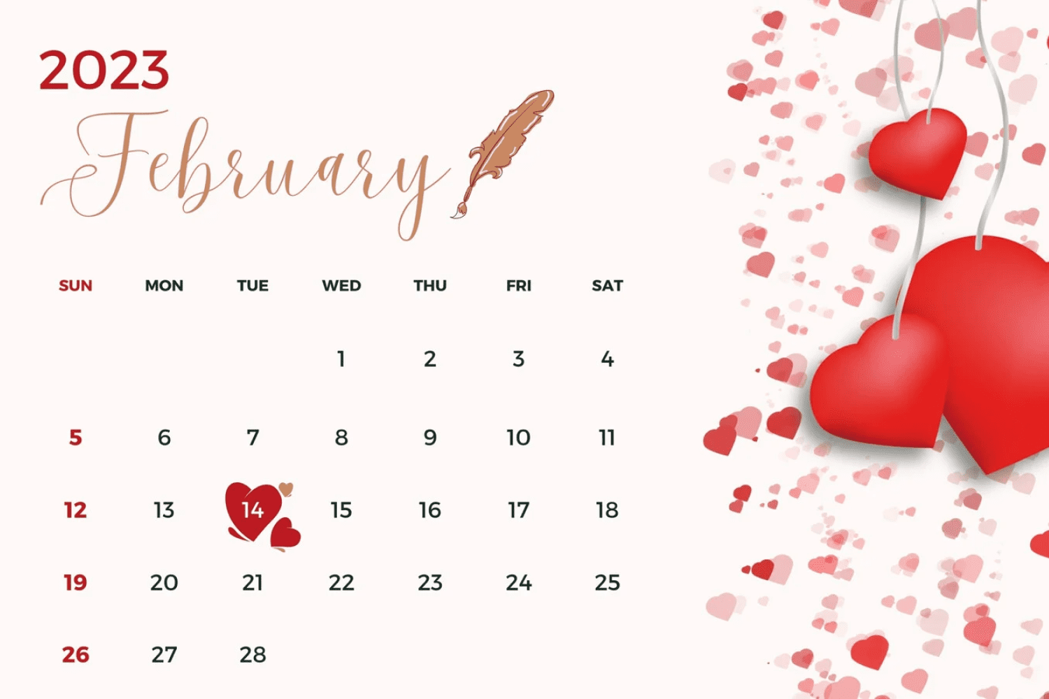 February calendar with drawn big red hearts.