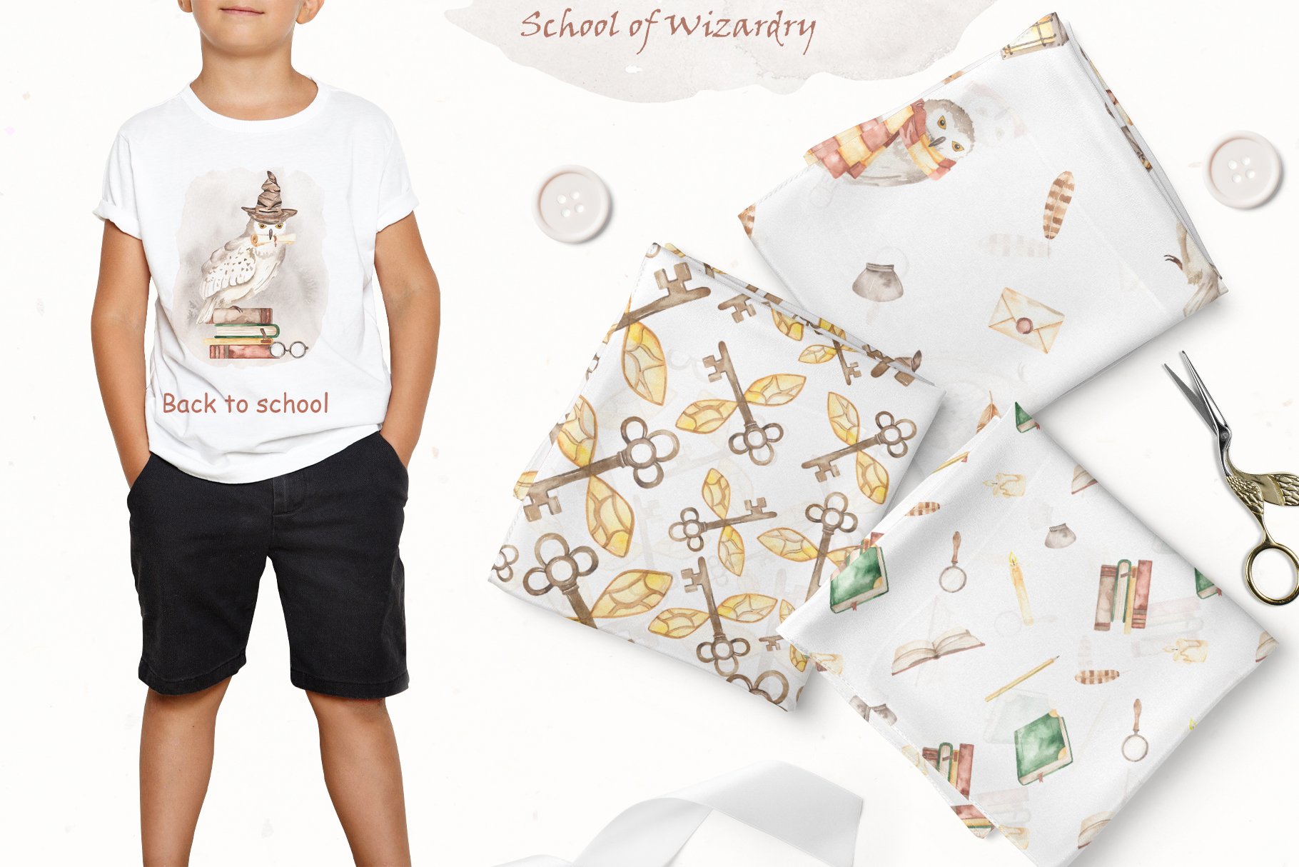 School Of Wizardry Watercolor fabrics & packaging preview.