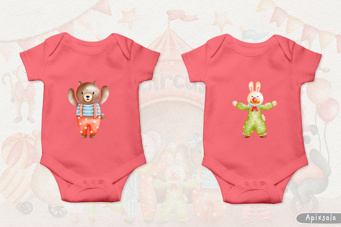 2 pink baby bodysuits with watercolor illustrations of circus animals.