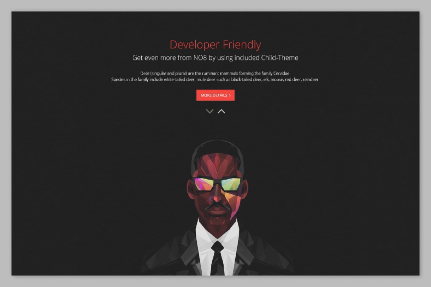 Website screenshot with black background, red and white text and a drawn man in sunglasses.