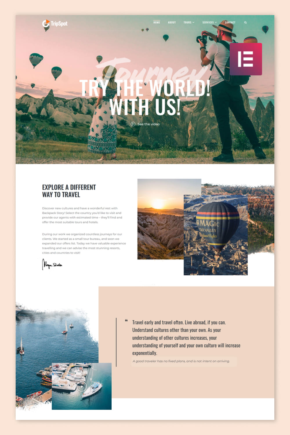 Screenshot of a blog with a large slider, a collage of photos and text on a white and beige background.