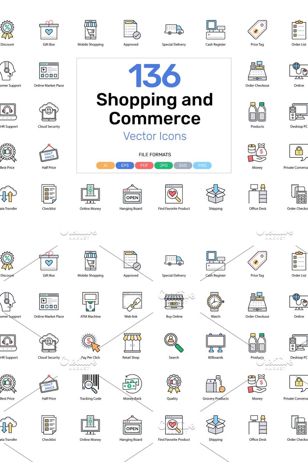 136 Shopping And Commerce Icons Pinterest Cover.