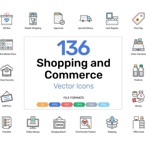 136 Shopping And Commerce Icons Main Cover.