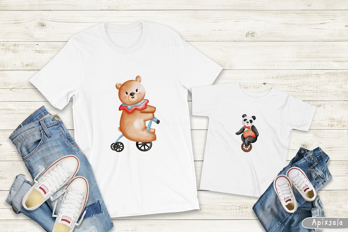 White t-shirt and baby t-shirt with watercolor illustrations of circus animals.