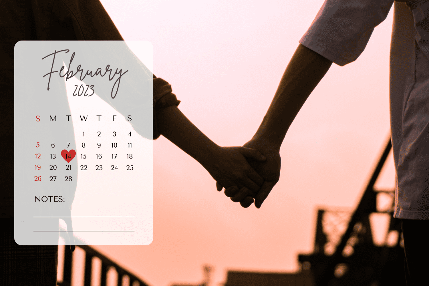 February calendar against the background of a couple holding hands.