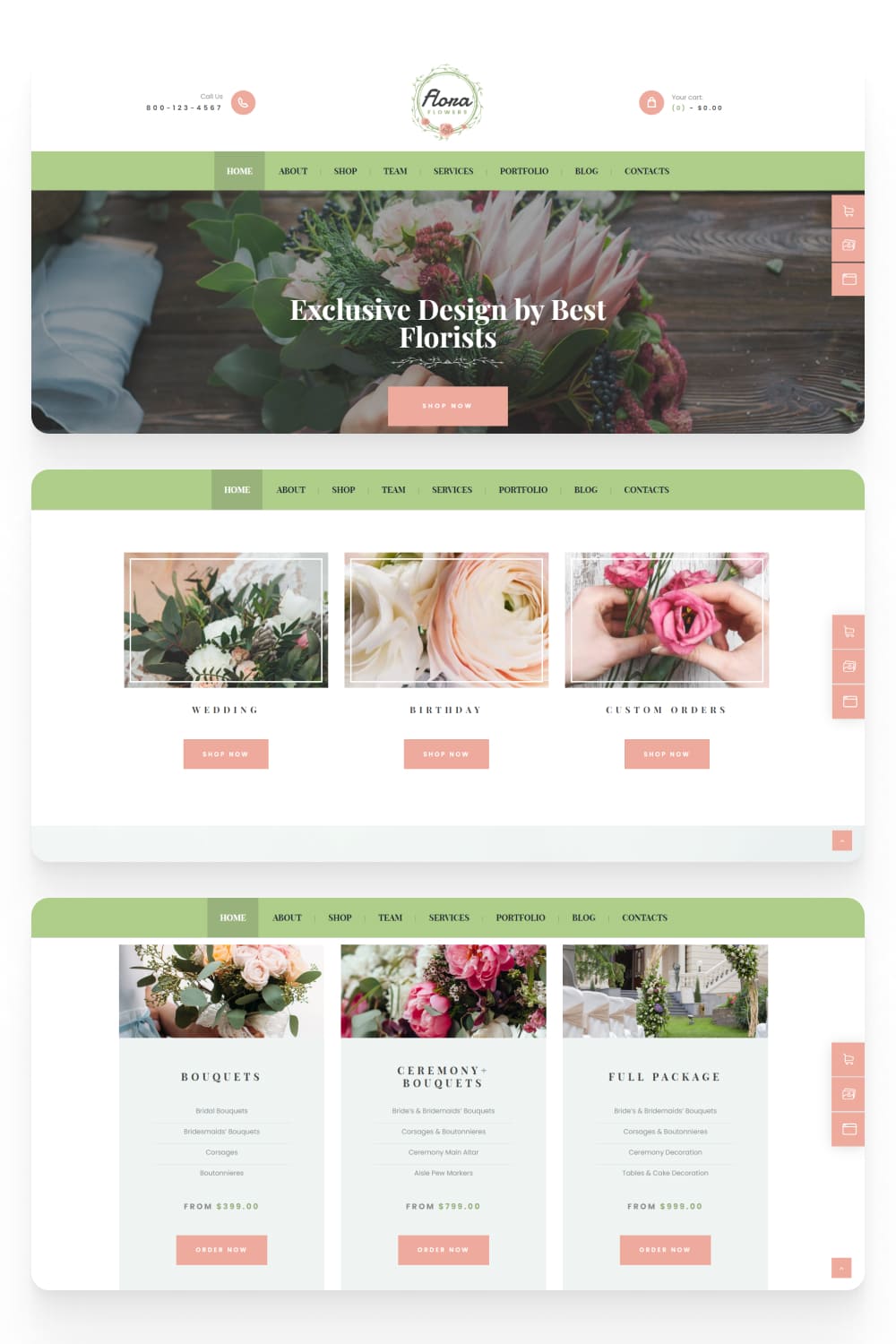 Screenshot of an online store with a slider and photos of flower bouquets.
