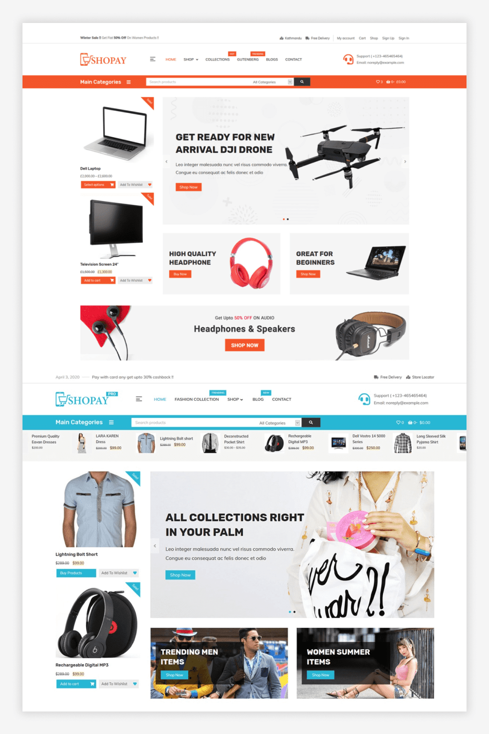 Screenshot of a landing page for an electronics and clothing store.