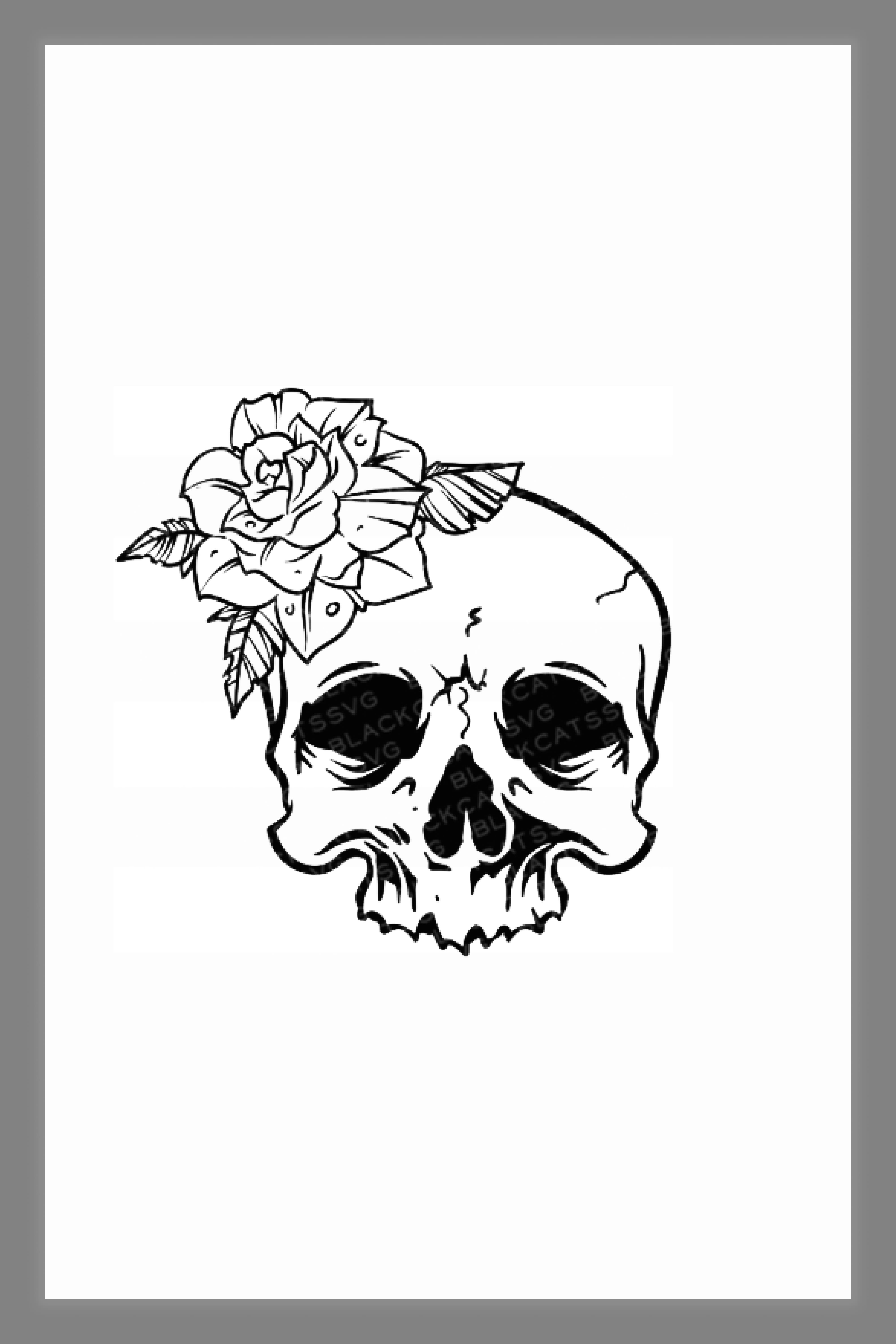 Image of a skull without a lower jaw with a rose on top.