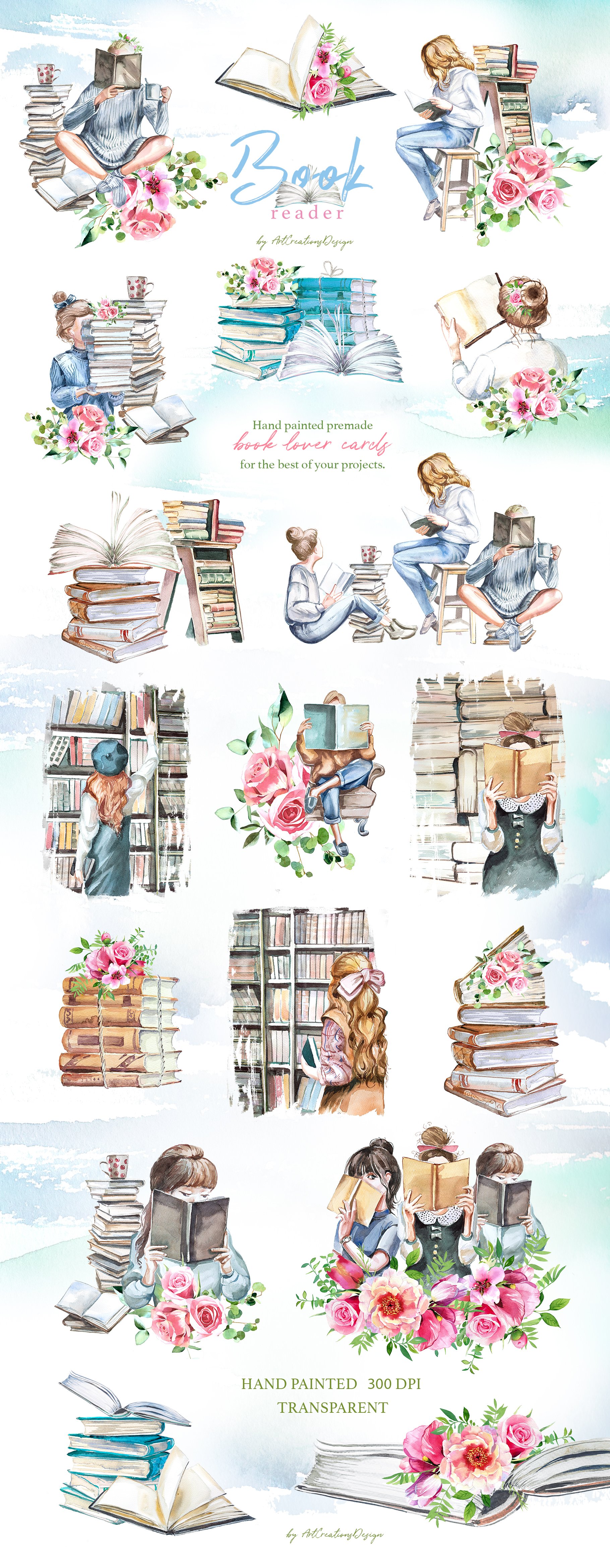 Hand painted pre-made book lover cards for your project.