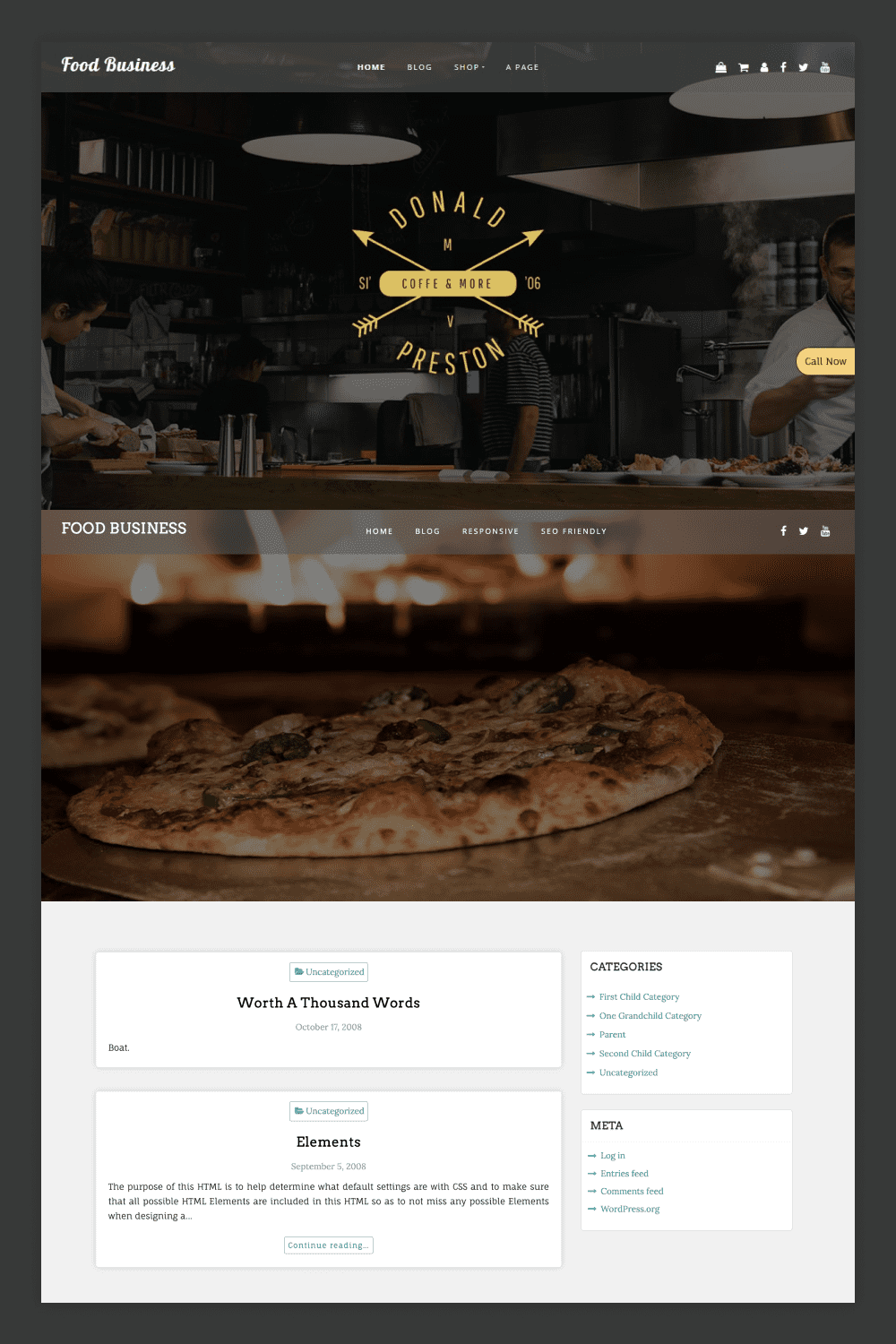 Screenshot of the bakery's landing page with a photo of the pizza and the hall.