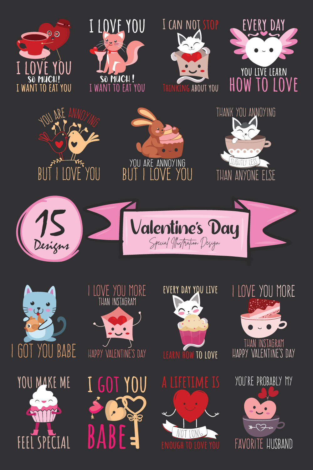 Cute Happy Valentines Day Special illustration Design Bundle pinterest image.