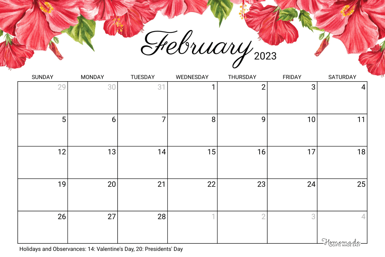 February calendar with tropical hibiscus.