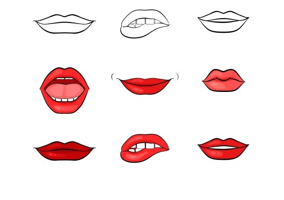A set of 3 outline and 6 red woman lips and mouth illustrations on a white background.