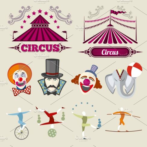 Vintage hipster circus vector set.