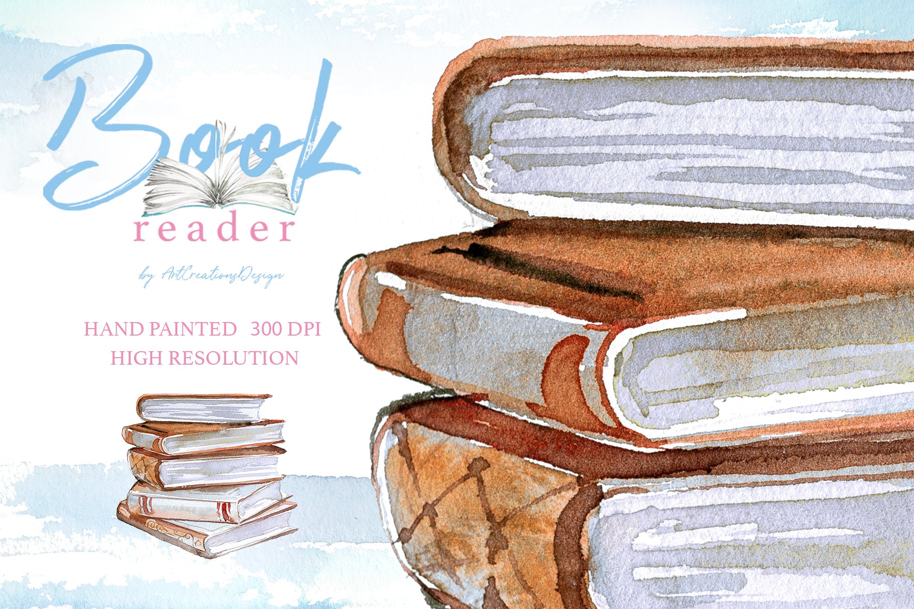 This is a set of high quality hand painted watercolor Book Reader transparent clipart.