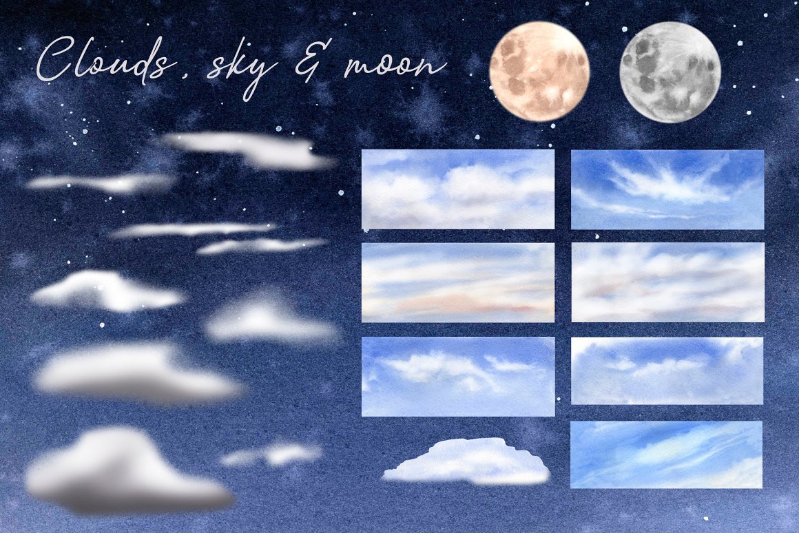 A set of different clouds, sky and moon illustrations.