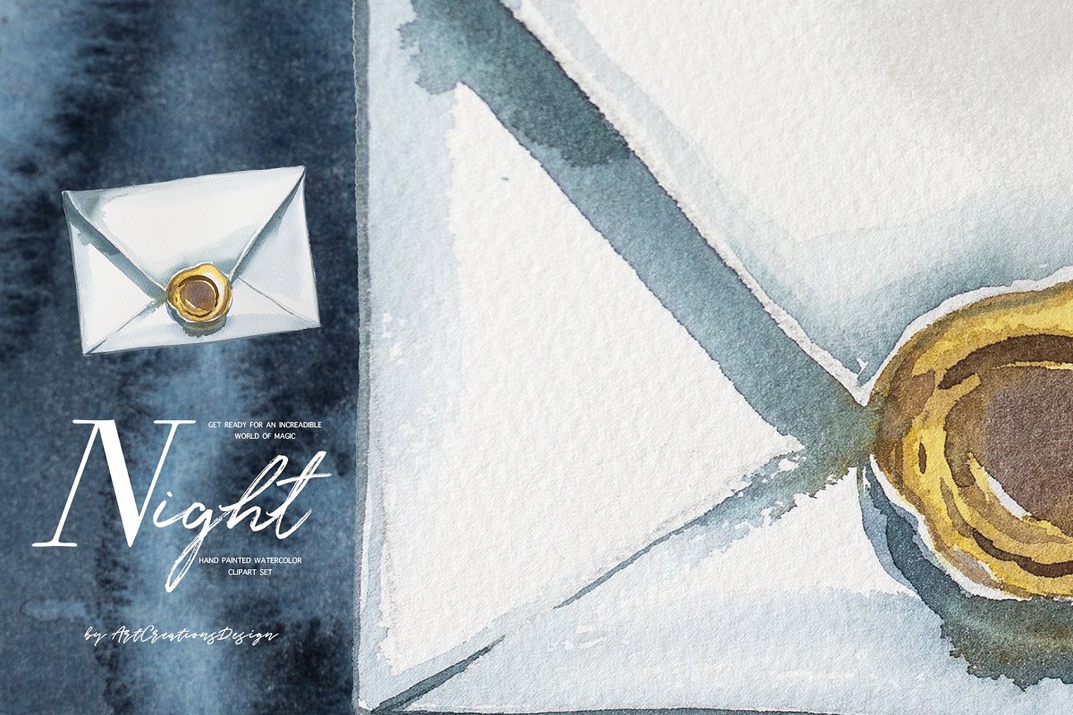 Watercolor Night Clipart Set elements preview.