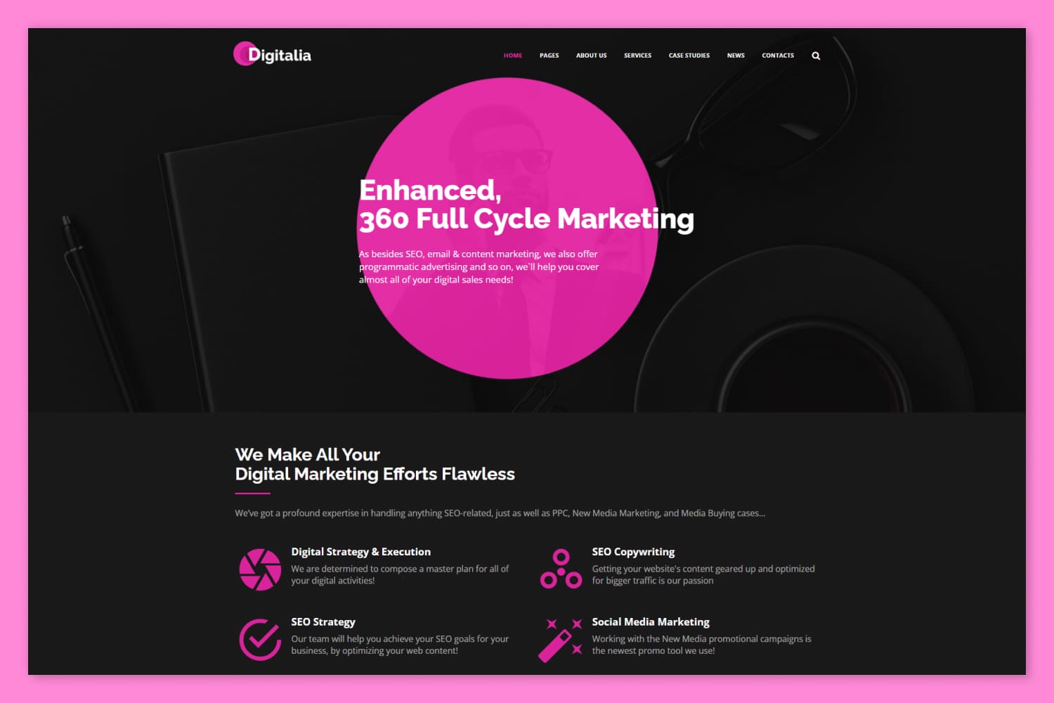 Website screenshot with black background, pink circle and white text.
