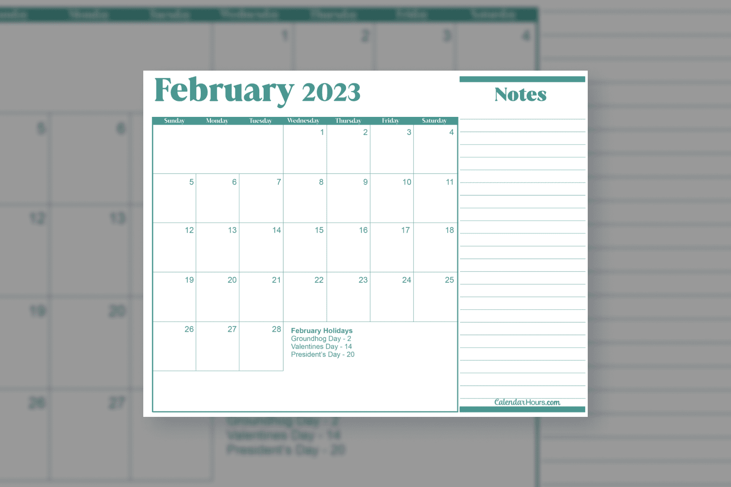 February calendar in green with a note field on the right.