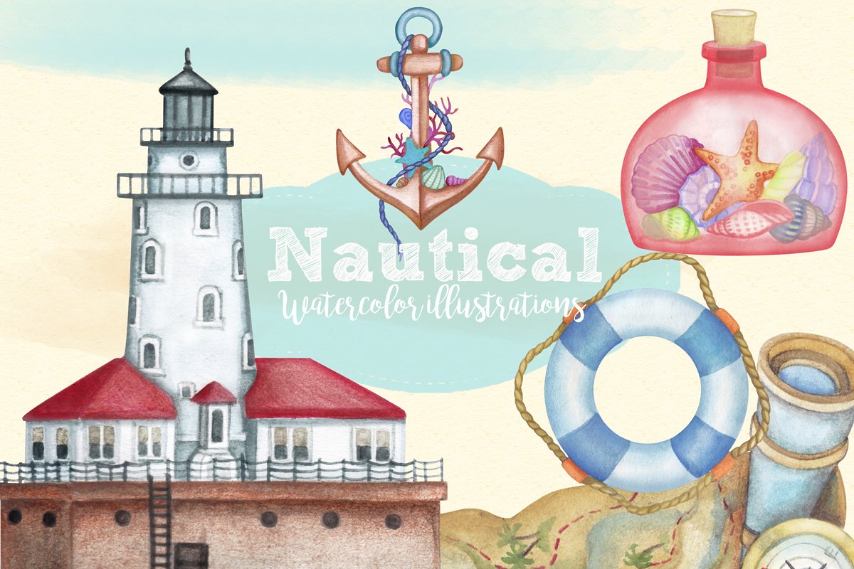 Cover image of Watercolor Nautical Clipart Images.
