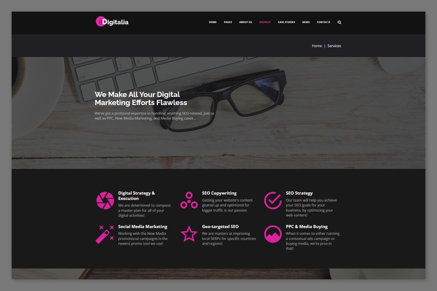 Website screenshot with black background, pink accents, white text and photo of glasses on a table.