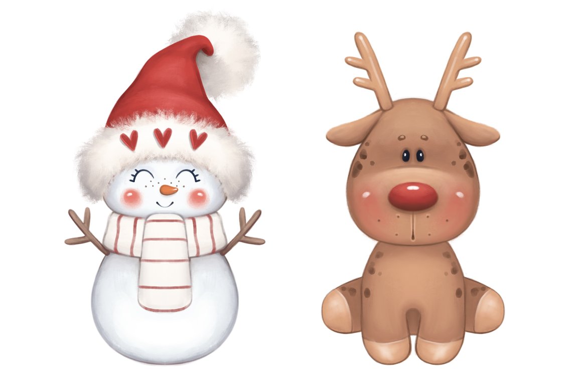 Snowman and deer illustrations on a white background.