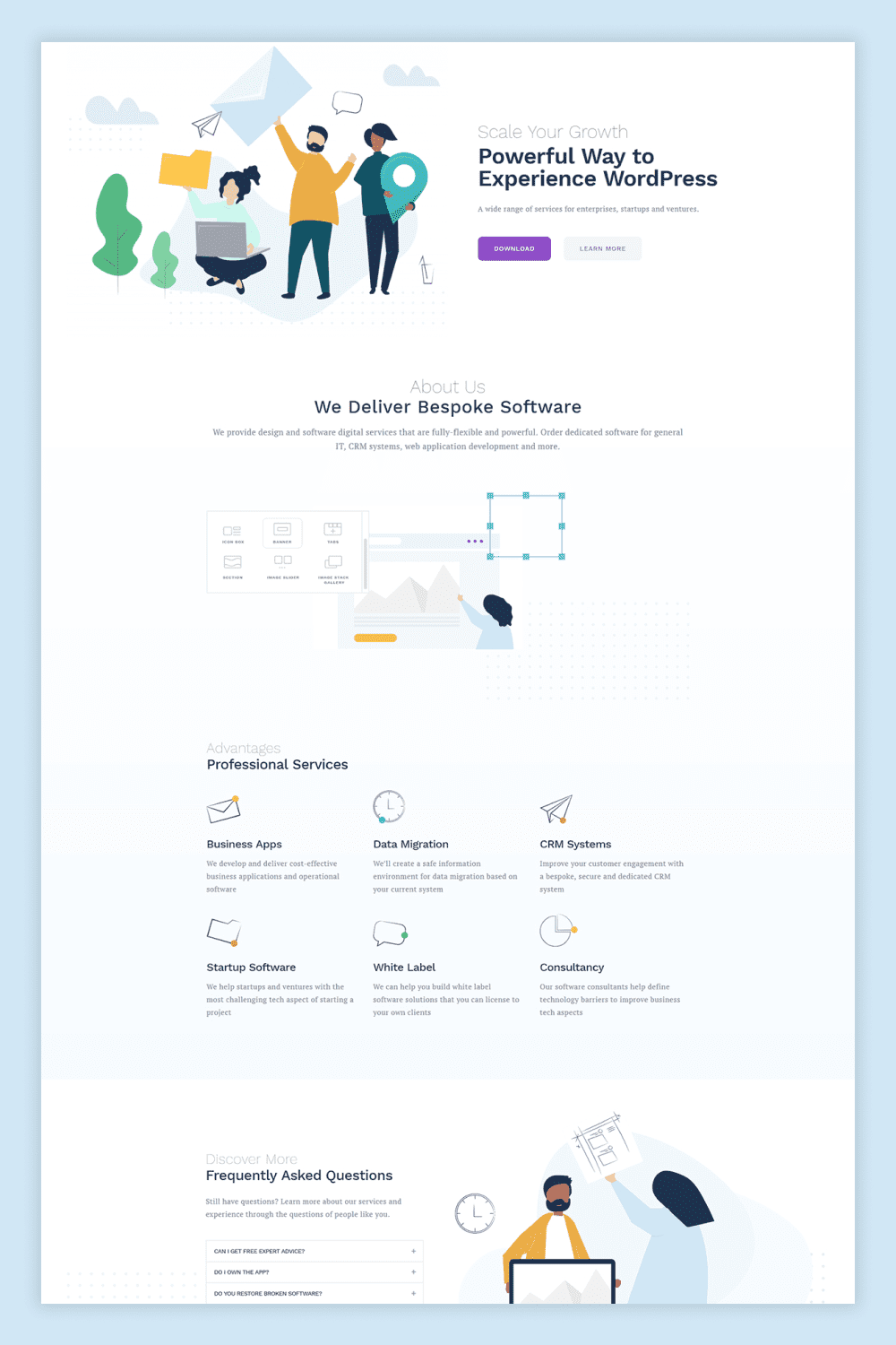 Screenshot of a landing page with drawings of people, service listing and FAQs.