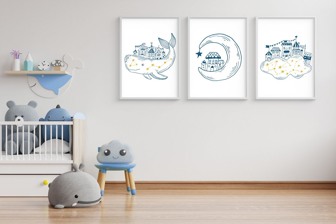 3 galaxy and sea illustrations on a white background in gray frames on the wall.