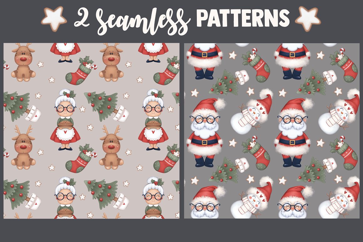 2 different christmas seamless patterns on a dark gray background.