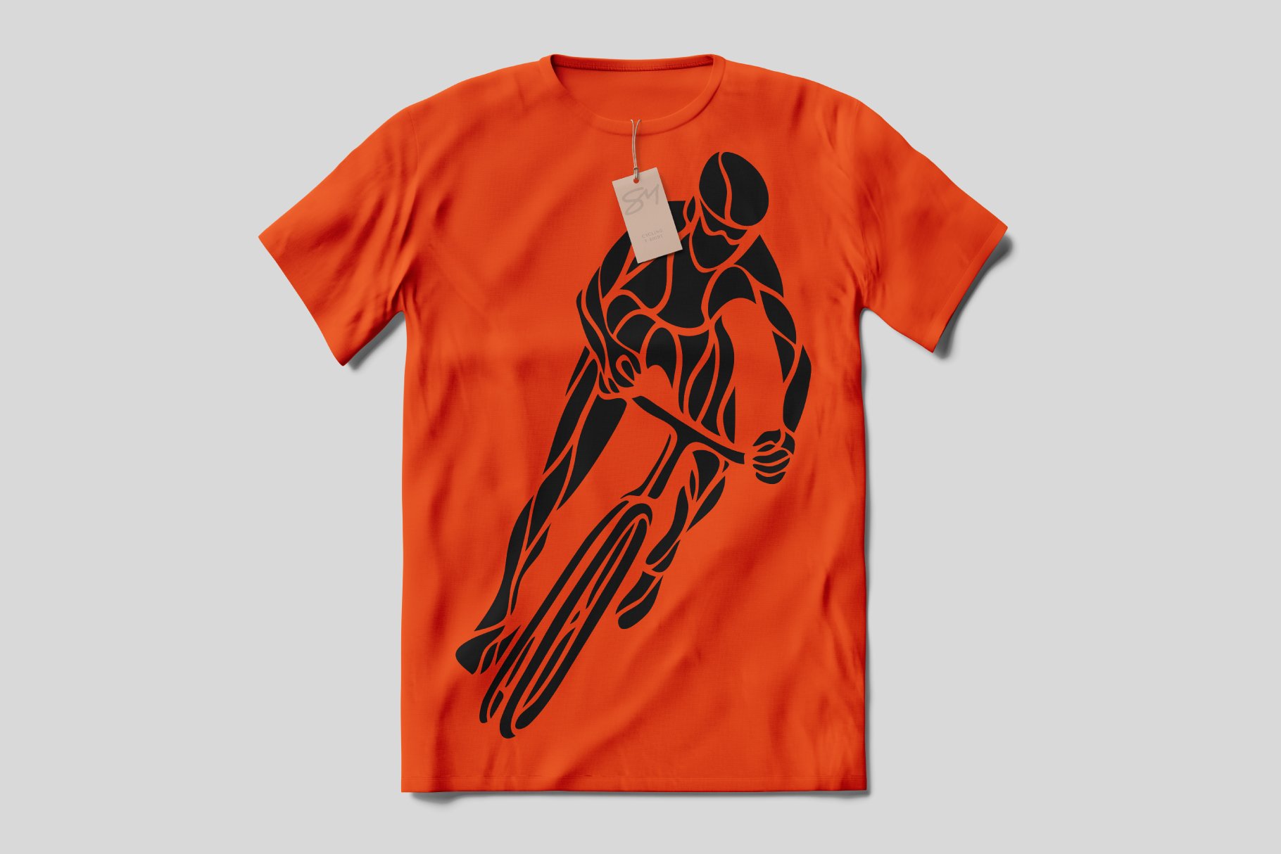 Orange t-shirt with a bicycler.