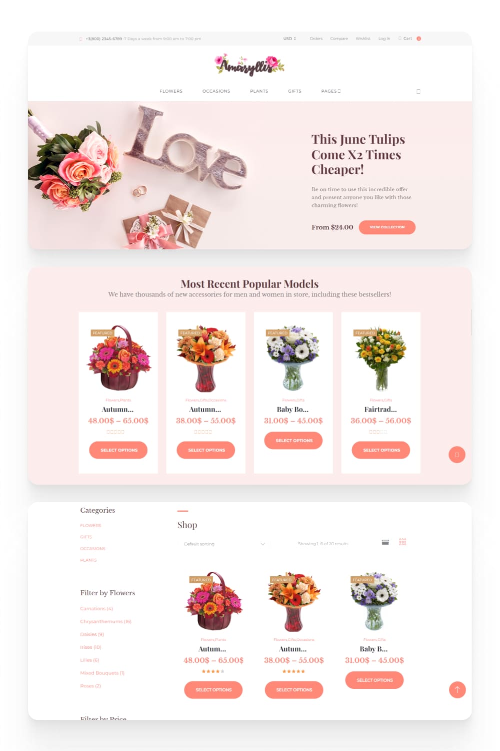 Screenshot of an online store with product cards, a list of categories and a pink background.