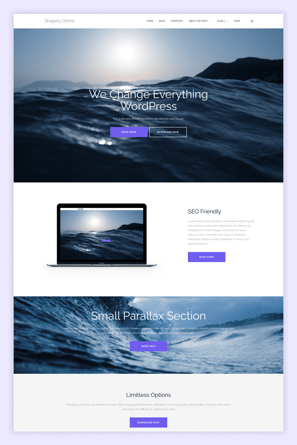 Screenshot of a landing page with a photo of the sea and laptops with text.