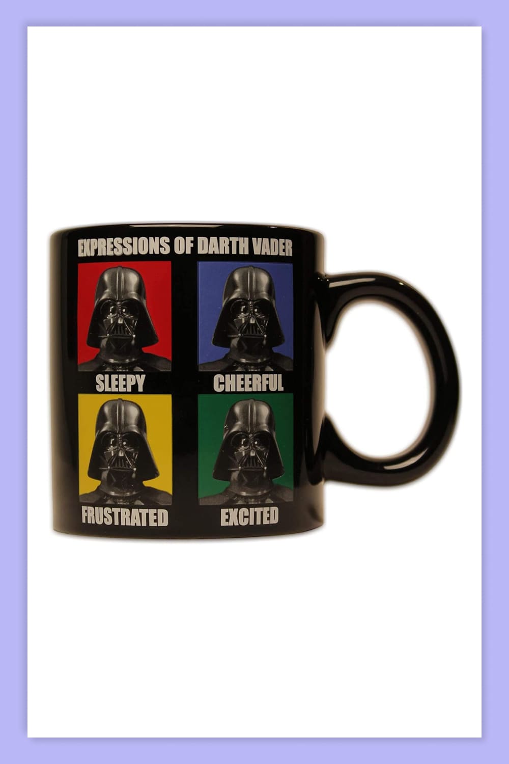 Black mug with images of Darth Vader on four colored backgrounds.