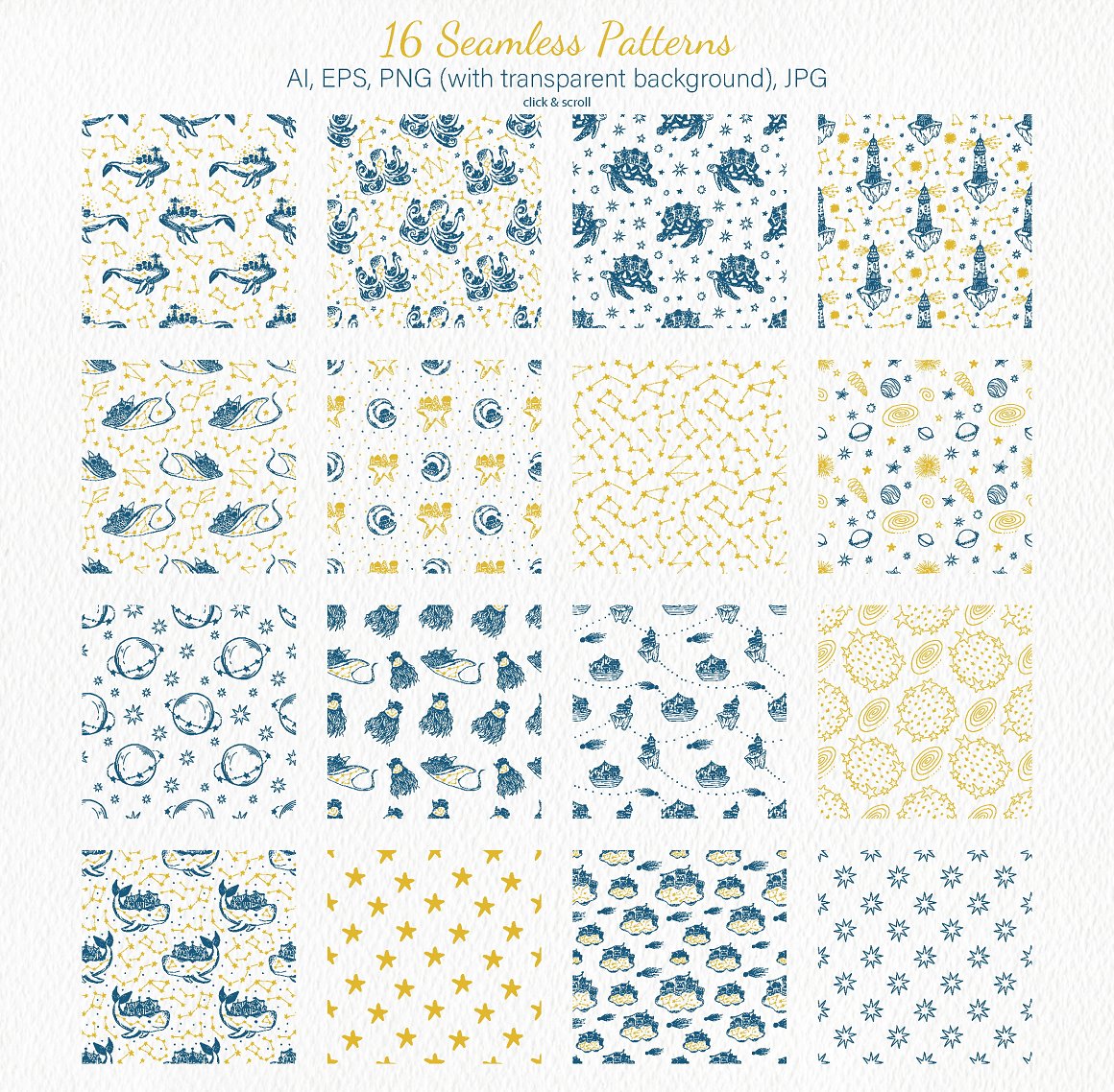 Collection of 16 different galazy and sea seamless patterns.