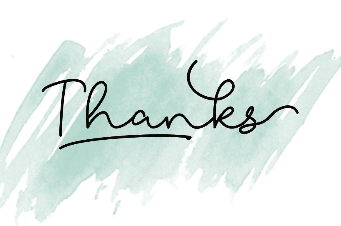 Black calligraphy lettering "Thanks" on a blue and white watercolor background.