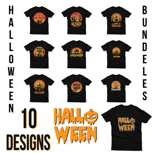 10 Halloween T-Shirt Design Bundles Vector Template.