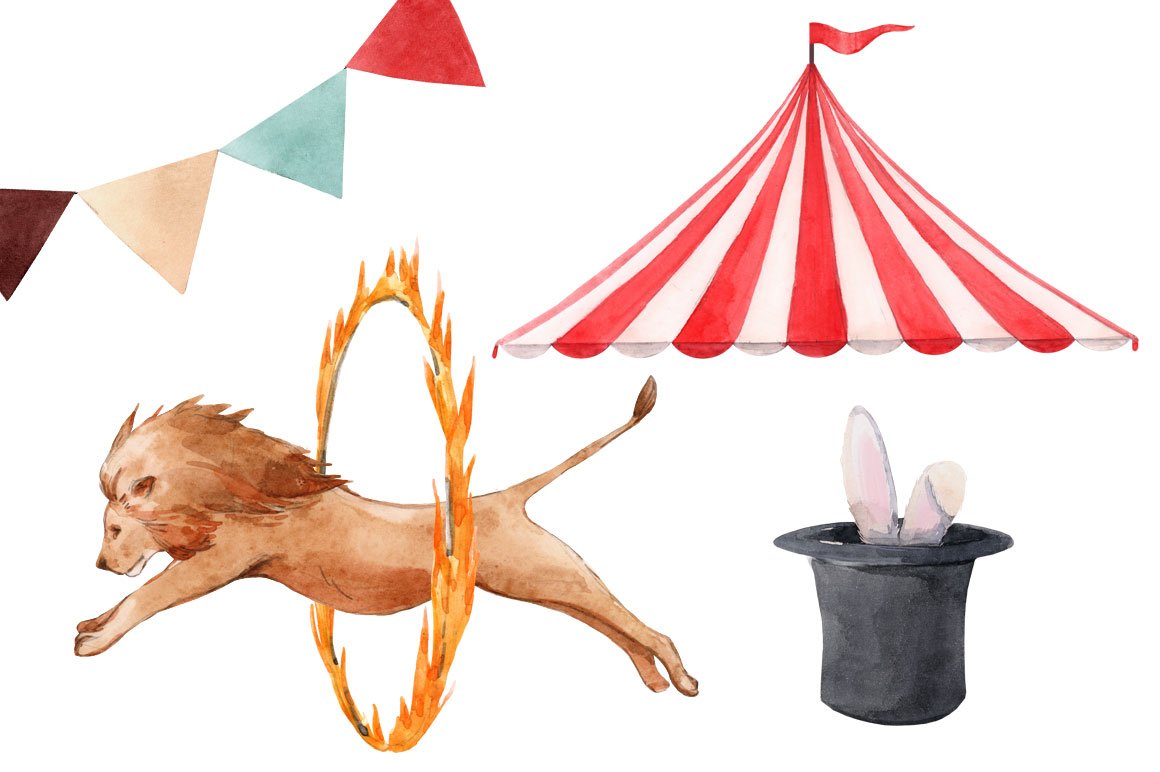 Watercolor clipart of circus illustrations on a white background.