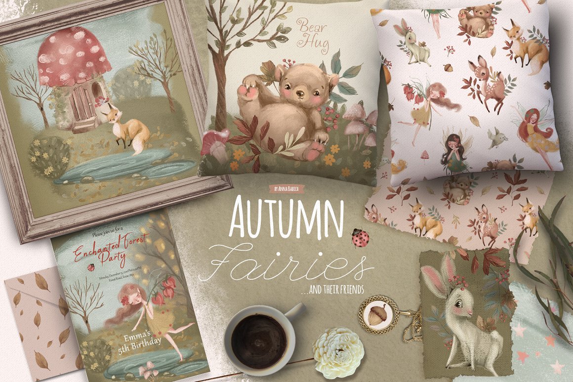 White lettering "Autumn Fairies" and different illustrations and products .