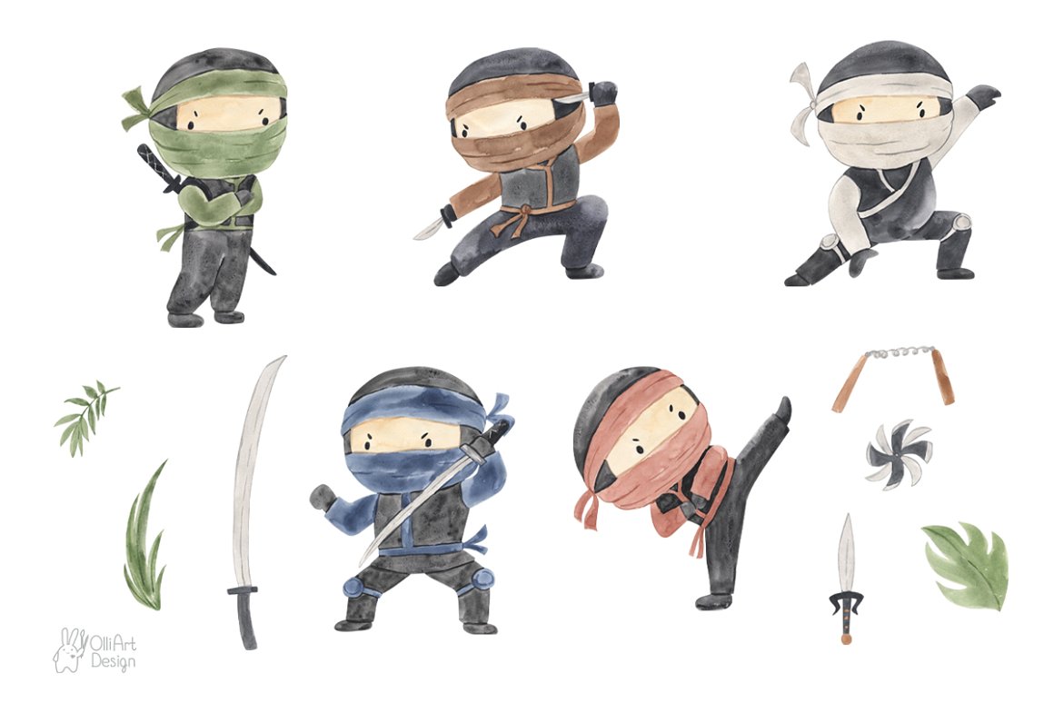 A set of 5 different ninja illustrations on a white background.