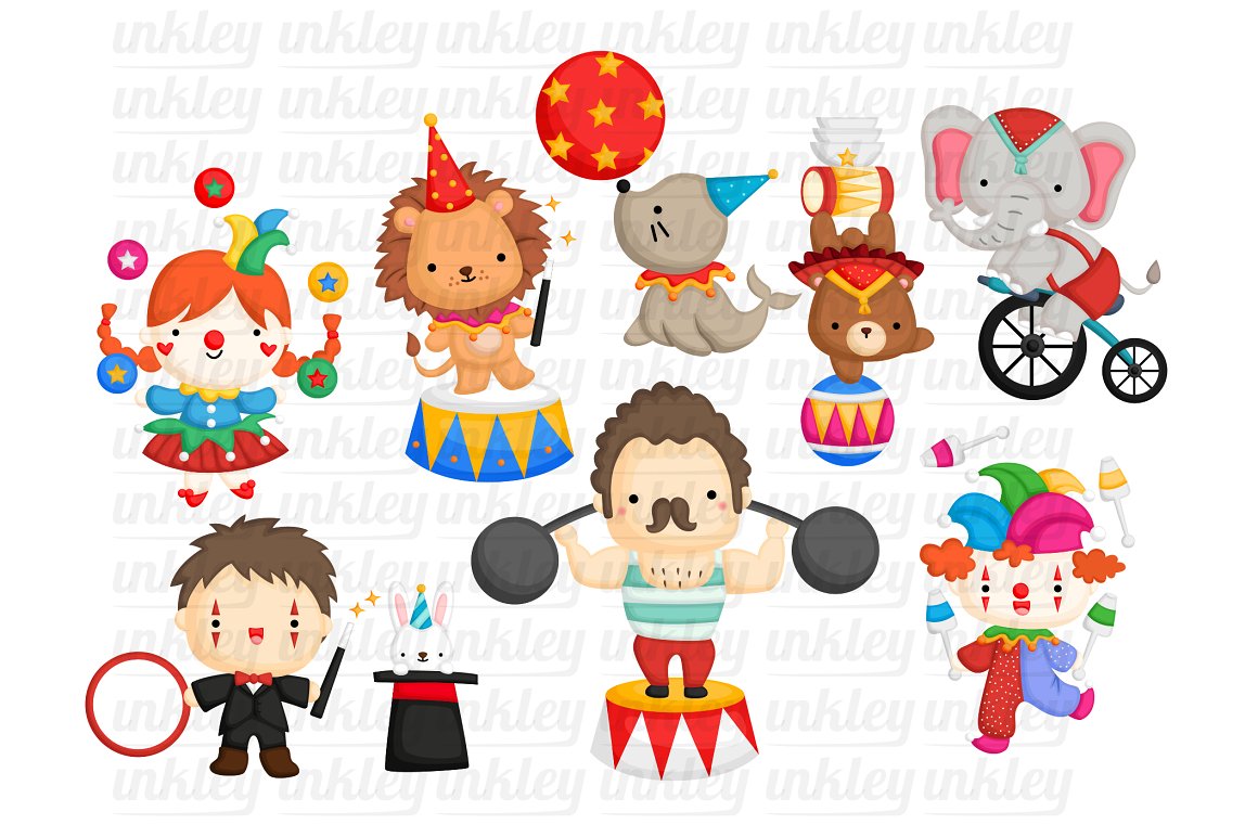 Clipart of 9 circus carnival illustrations on a white background.