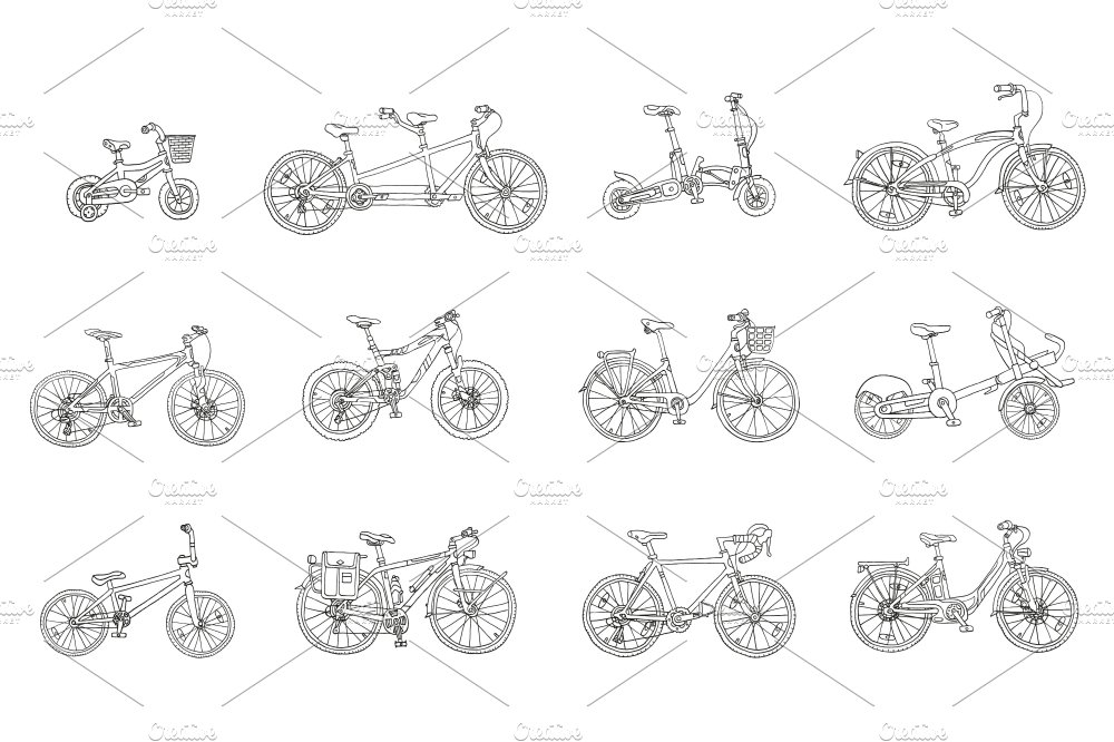 Clipart of 12 outline illustrations of bicycle in black on a white background.
