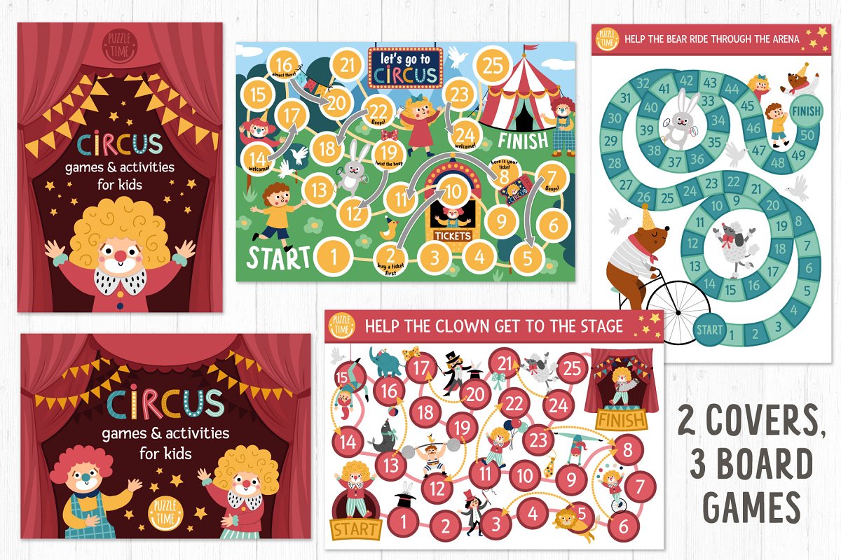 Circus games and activities for kids - covers and board games preview.
