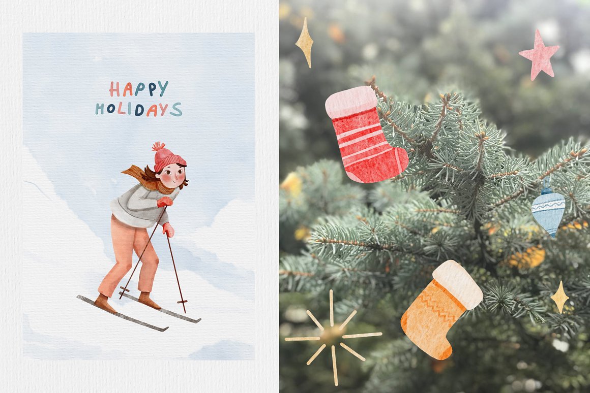 Photo of a christmas tree and drawing of a skier with colorful lettering "Happy Holiday".