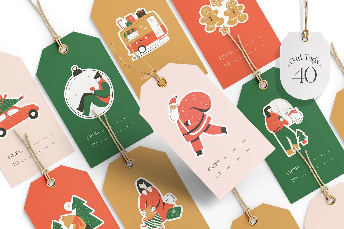 Collection of 40 gift tags with christmas illustrations on a white background.