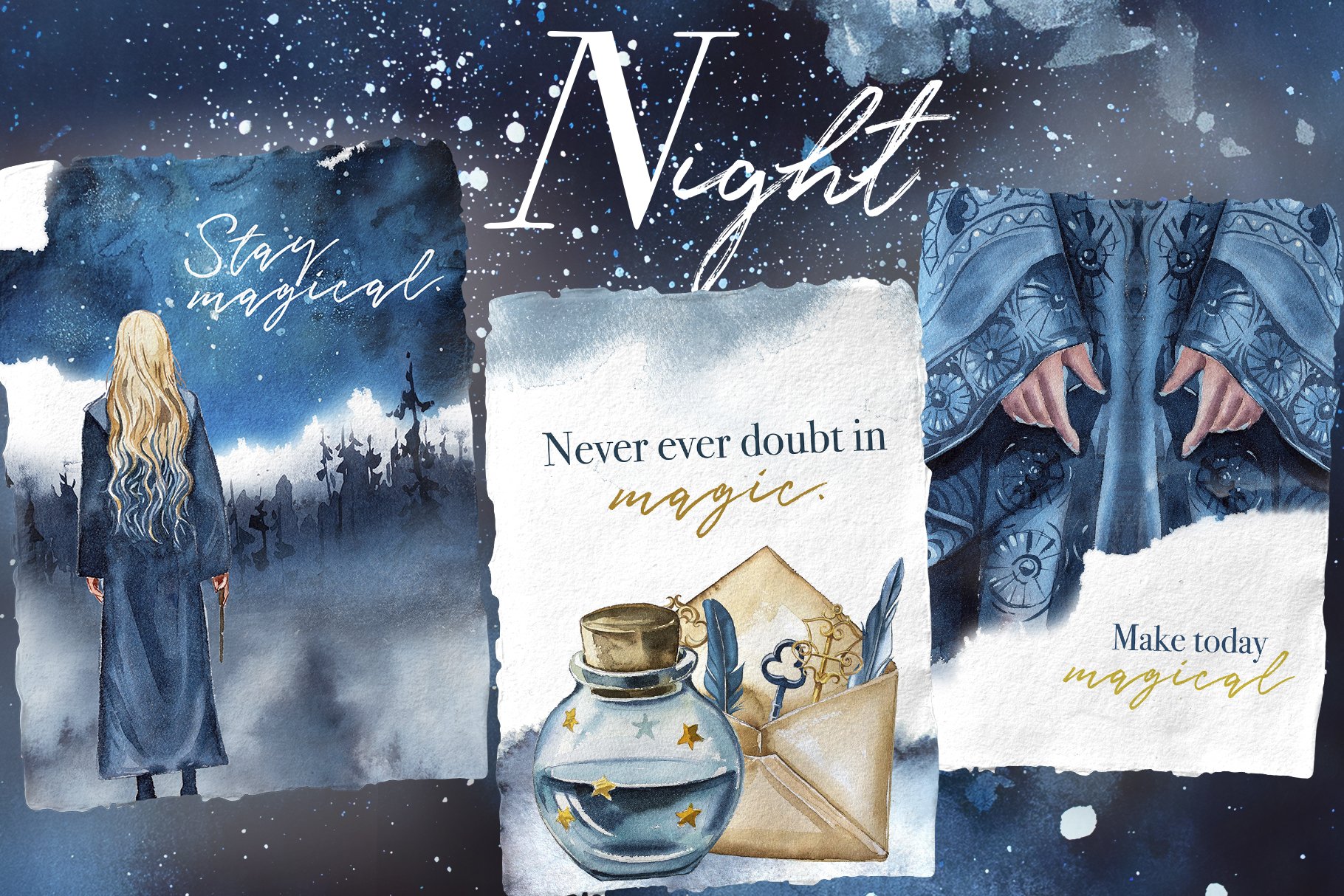 Watercolor Night Clipart Set posters preview.
