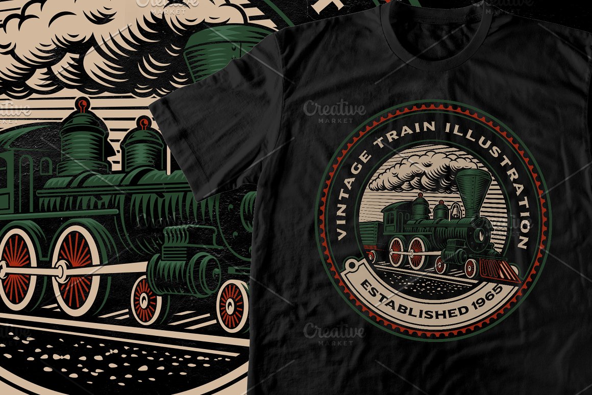 Black t-shirt with illustration of vintage train.