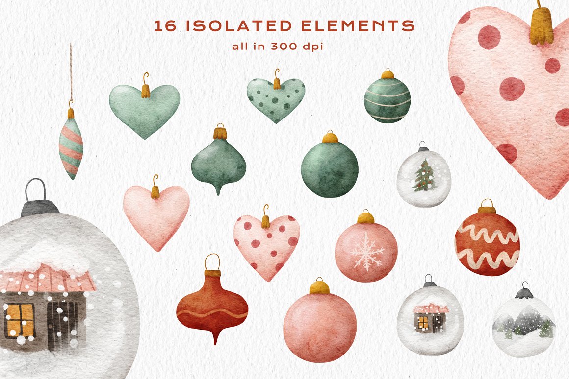 A set of 16 different christmas tree decorations on a gray background.
